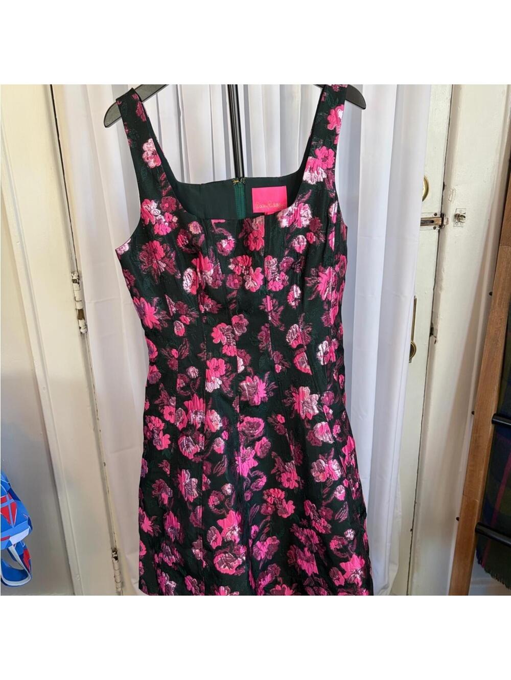 Lilly Pulitzer Black Dress with Vibrant Pink Floral Jacquard